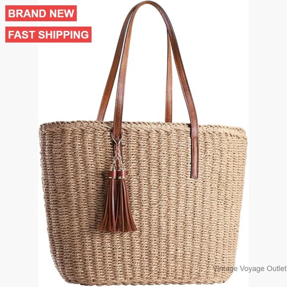 Handbags - Medium Straw Tote Bag Woven Handmade Shoulder Bag Summer Travel